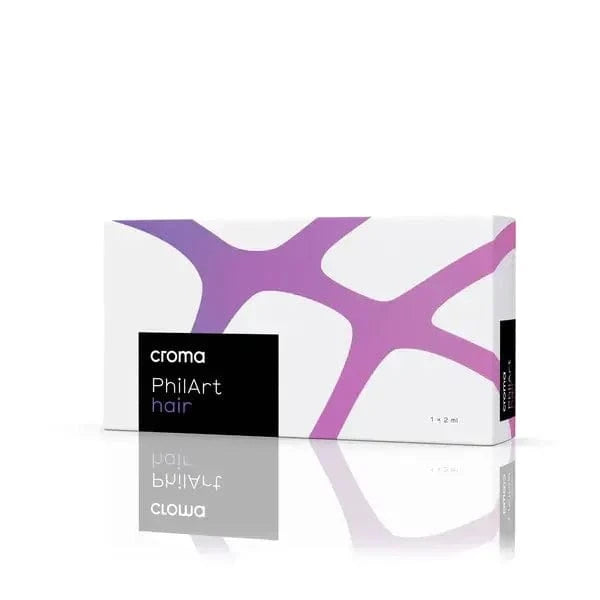 Croma PhilArt Hair 1 x 2 ml packaging design featuring purple and white colors.