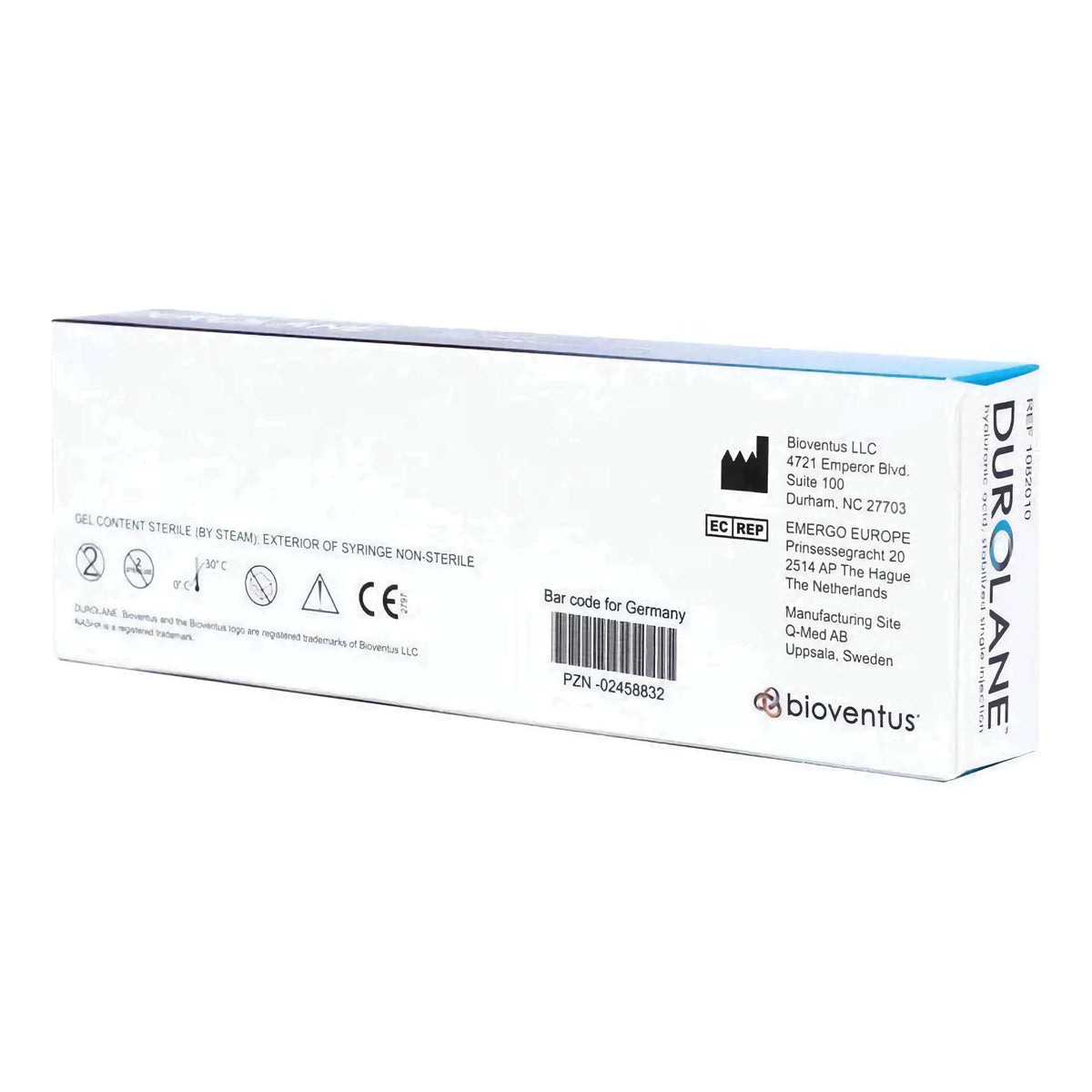 Durolane 60 mg 3 ml pack back view showing manufacturer details and product information by Bioventus.
