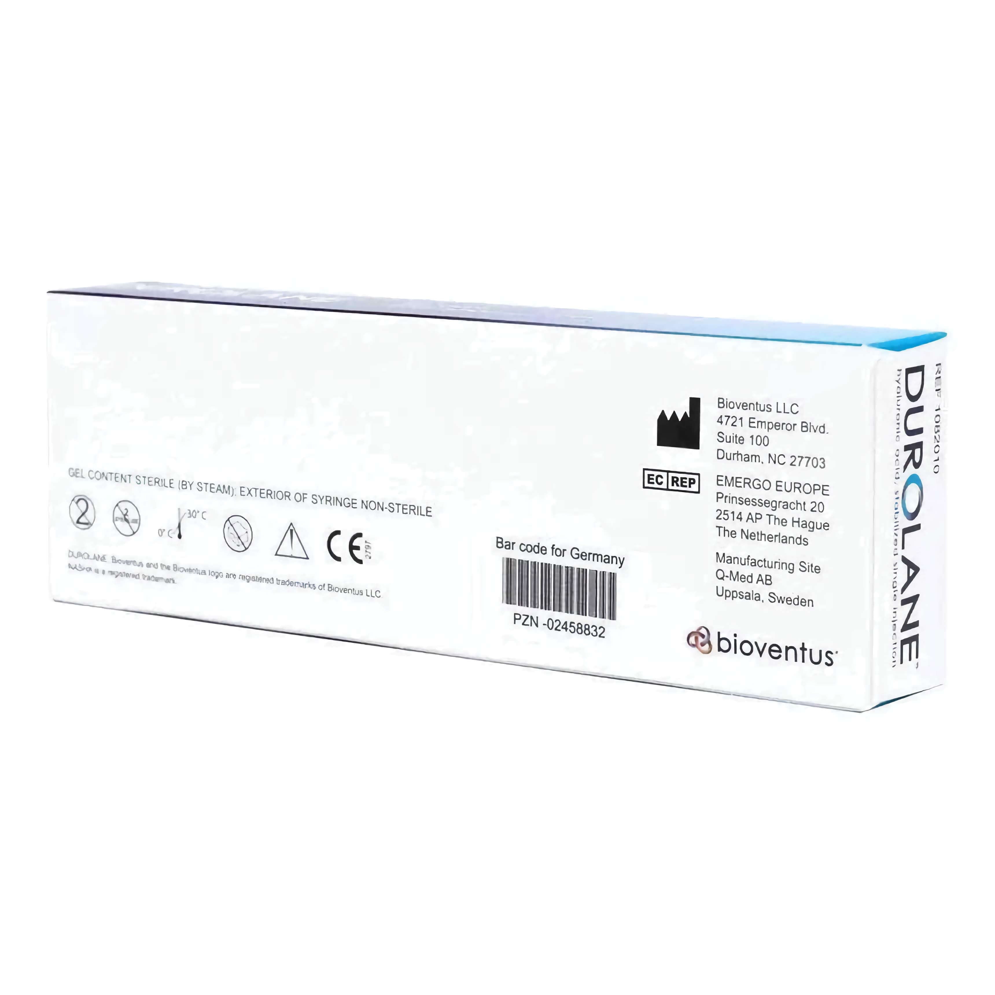 Durolane 60 mg 3 ml pack back view showing manufacturer details and product information by Bioventus.