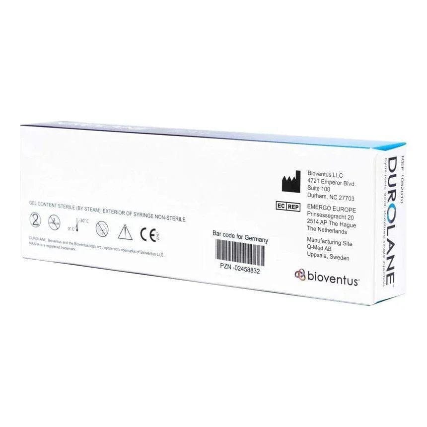 Durolane 60 mg 3 ml - Verpackung von Bioventus, Fertigspritze für Hyaluronsäure-Injektion bei Arthrose.