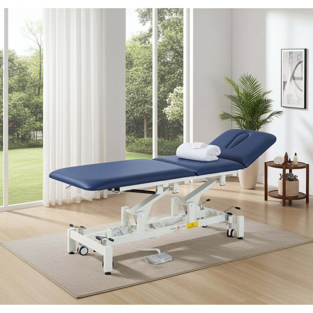 FitTec - Camilla de tratamiento eléctrica en una habitación moderna con plantas e interruptor de pie para ajustar la altura.