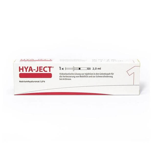 Hya-ject 20 mg 2 ml – Verpackung der Hyaluronsäure-Injektion von ORMED GmbH.