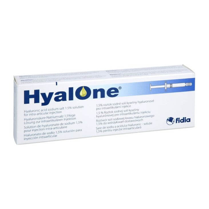 HyalOne 60 mg 4 ml Intra-articular hyaluronic acid injection from Fidia Pharma GmbH in sterile pre-filled syringe.
