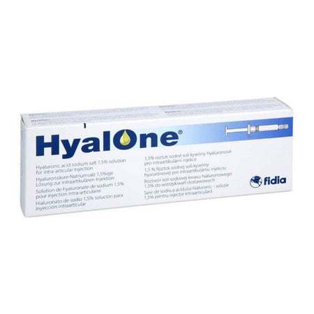 HyalOne 60 mg 4 ml Intra-articular hyaluronic acid injection from Fidia Pharma GmbH in sterile pre-filled syringe.