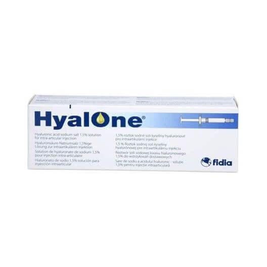 HyalOne 60 mg 4 ml - Intra-articular hyaluronic acid injection from Fidia Pharma, sterile disposable pre-filled syringe.