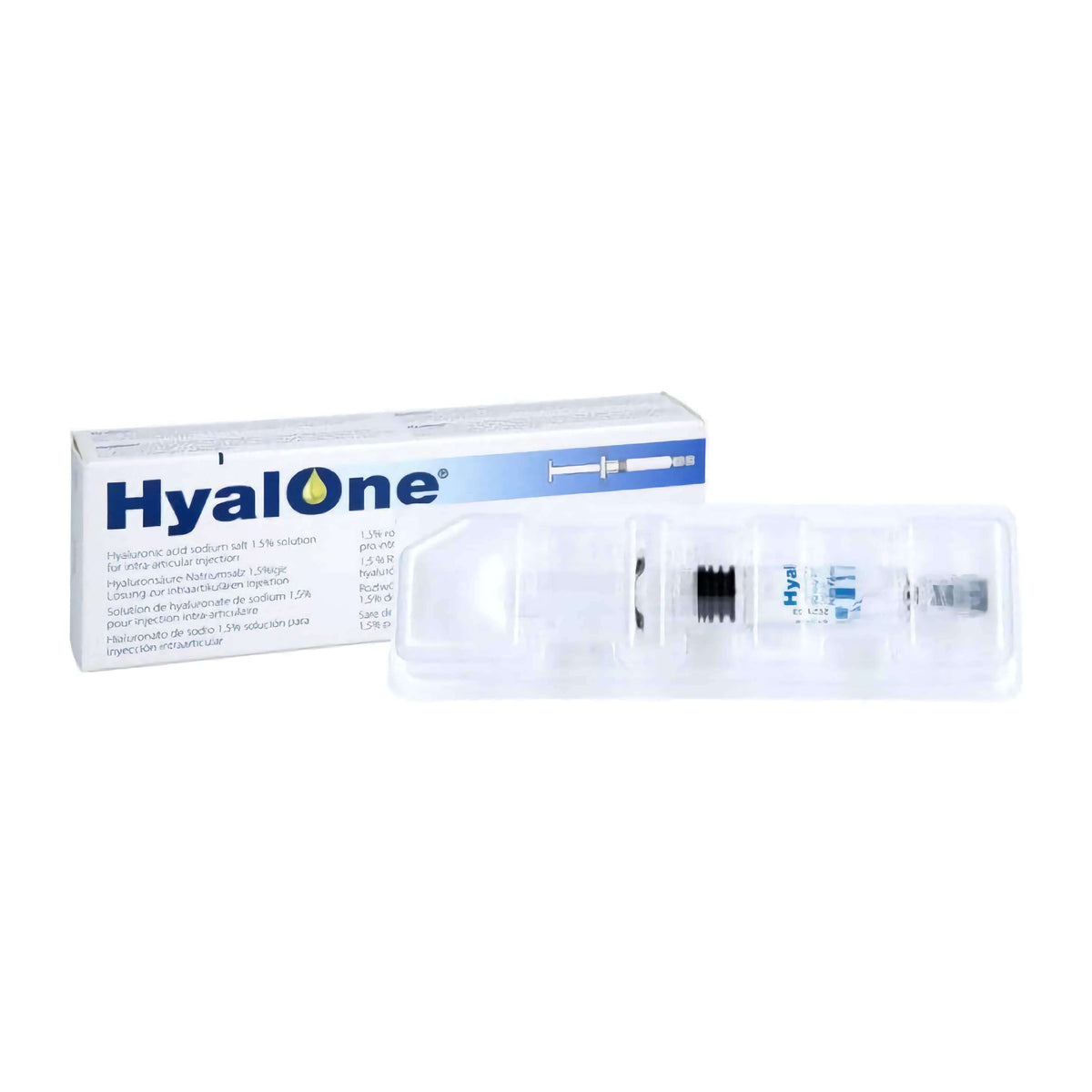 HyalOne 60 mg 4 ml - Sterile single-use syringe in packaging for intraarticular injection.