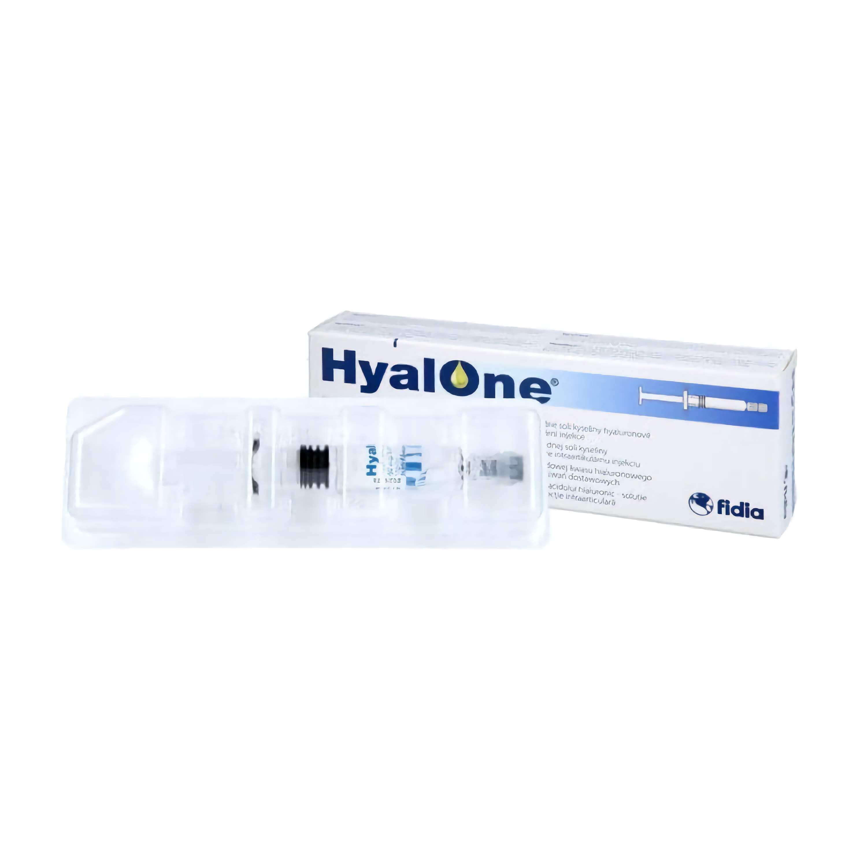HyalOne 60 mg 4 ml – Intra-articular hyaluronic acid injection in disposable sterile auto-injector from Fidia Pharma.