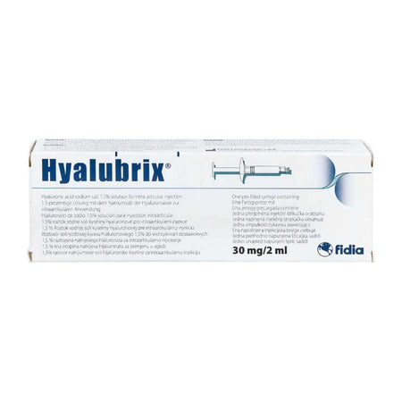 Hyalubrix 30 mg 2 ml – Verpackung mit Informationen zur Hyaluronsäure-Injektion von Fidia Pharma.