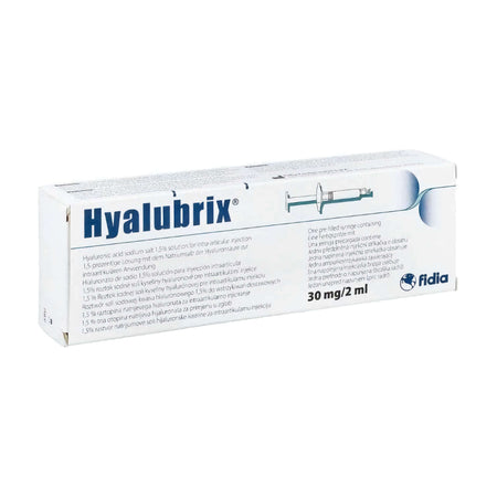 Hyalubrix 30 mg 2 ml packaging showing hyaluronic acid injection for professional use.