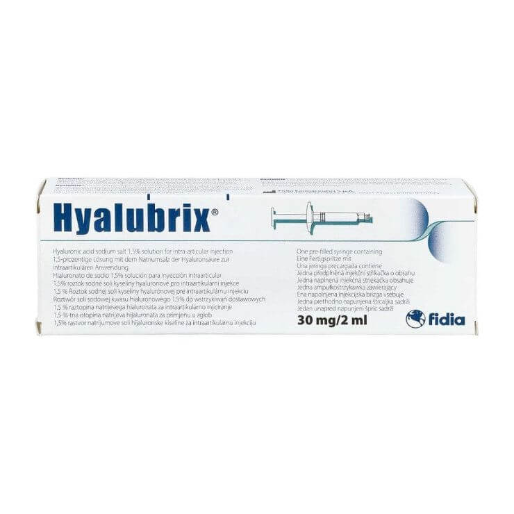 Hyalubrix 30 mg 2 ml packaging for hyaluronic acid injection with sterile syringe.