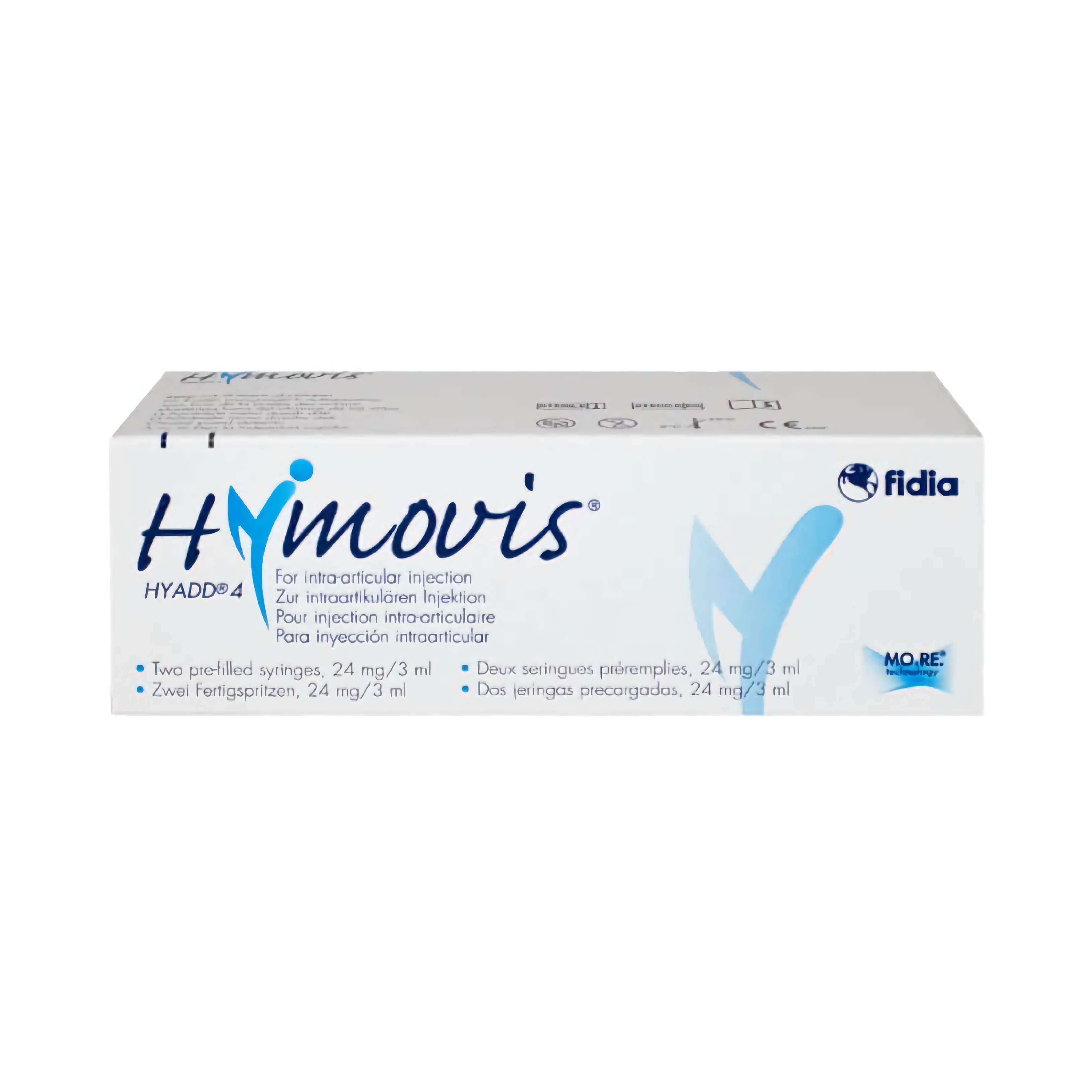Hymovis 24 mg 3 ml (2 Stk.) packaging box, featuring sterile syringes for intra-articular injection.