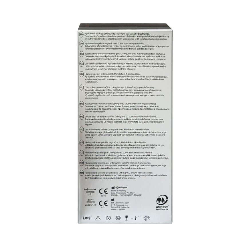 Juvéderm Ultra 2 (2 x 0.55 ml) product packaging with usage instructions and safety information.