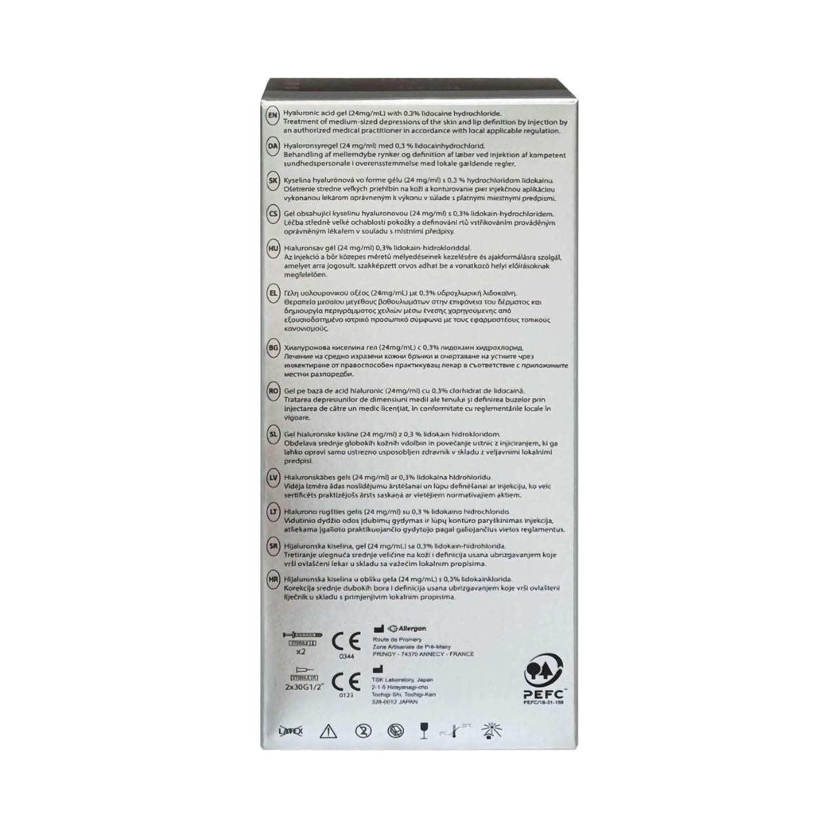 Juvéderm Ultra 2 (2 x 0.55 ml) product packaging back view with detailed information and usage instructions.