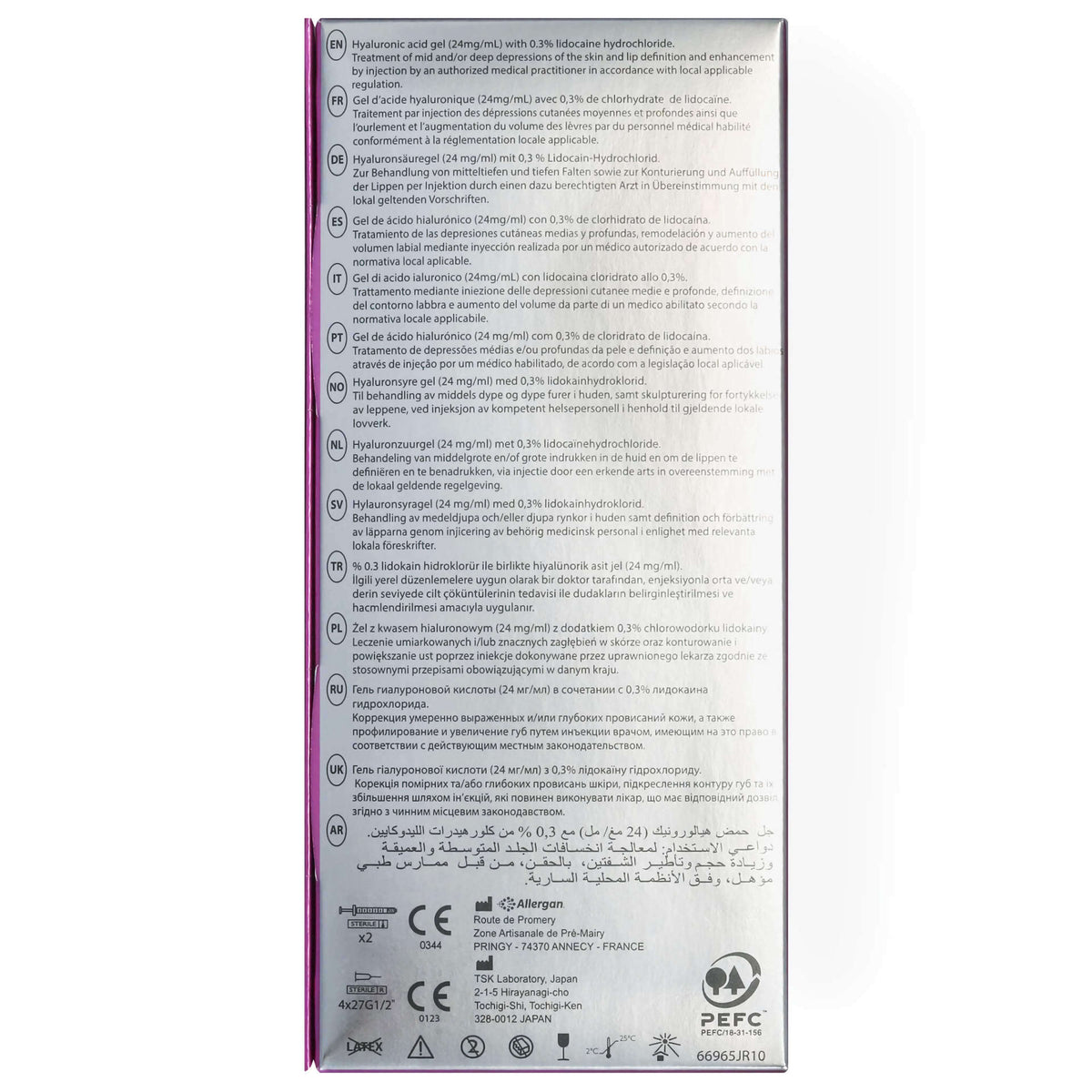 Juvéderm Ultra 3 (2 x 1 ml) Verpackungsrückseite mit Anwendungshinweisen und Inhaltsstoffen.