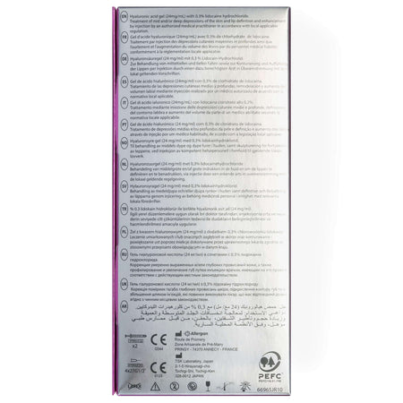 Juvéderm Ultra 3 (2 x 1 ml) Verpackungsrückseite mit Anwendungshinweisen und Inhaltsstoffen.