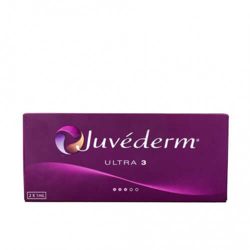 Juvéderm Ultra 3 (2 x 1 ml) packaging featuring the product name and quantity.