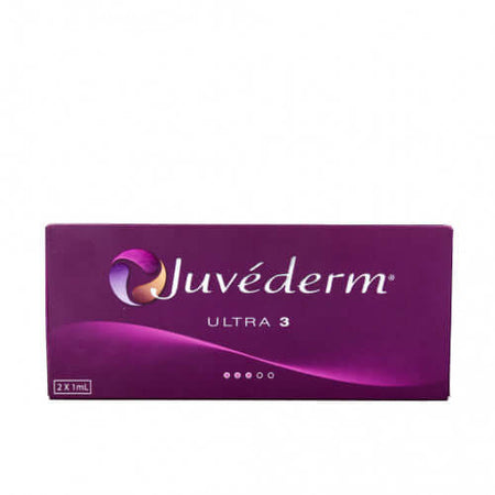 Juvéderm Ultra 3 (2 x 1 ml) packaging featuring the product name and quantity.