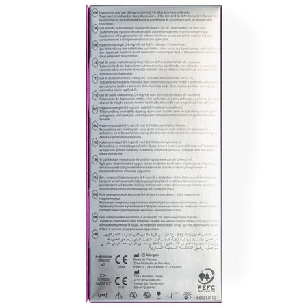 Juvéderm Ultra 3 (2 x 1 ml) Verpackung mit Inhaltsstoffen und Anwendungshinweisen.