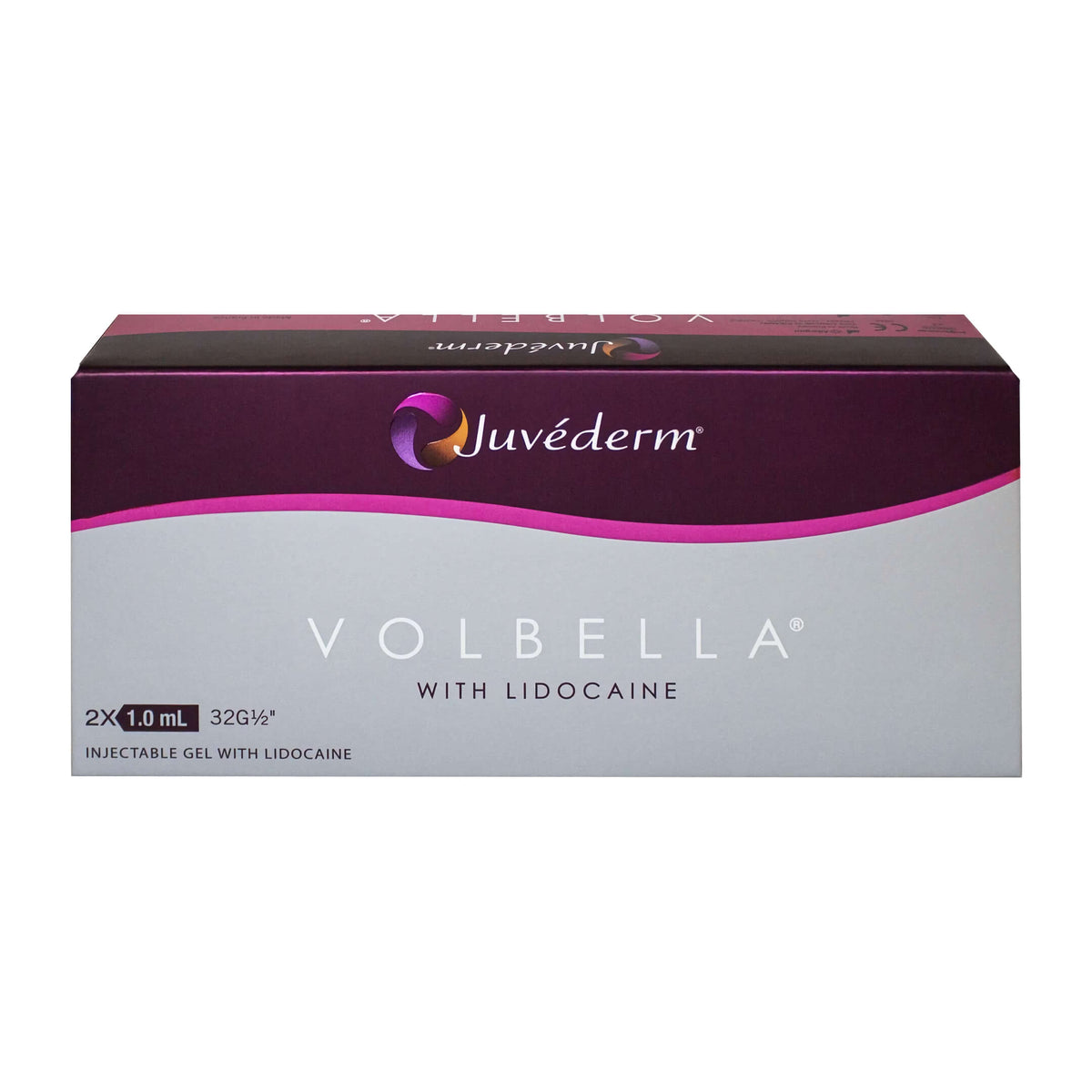Juvéderm Volbella Lidocaine 2 x 1 ml packaging for lip filling treatment with lidocaine.