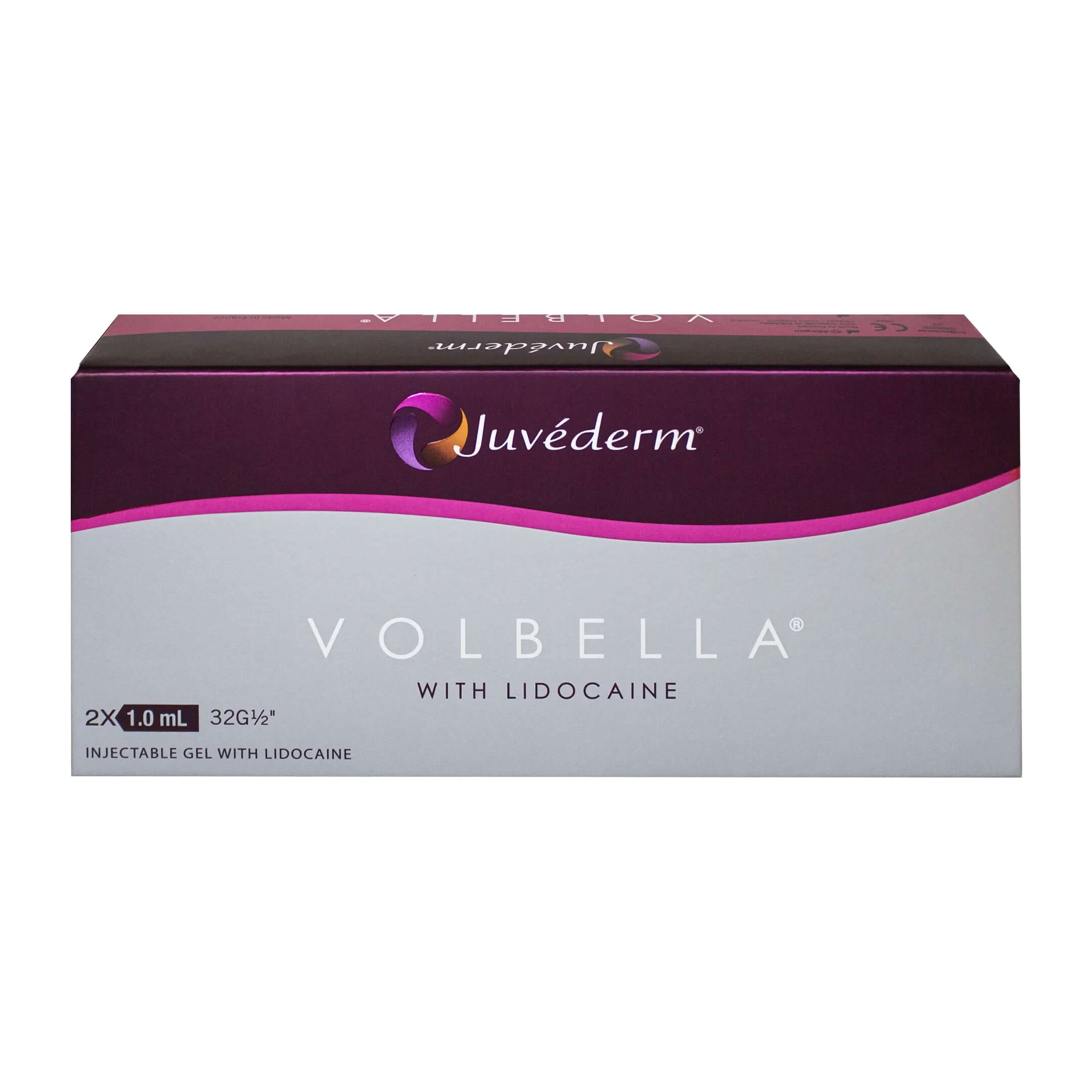 Juvéderm Volbella Lidocaine 2 x 1 ml packaging for lip filling treatment with lidocaine.