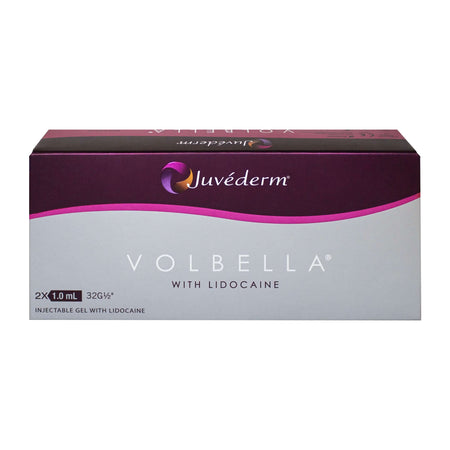 Juvéderm Volbella Lidocaine 2 x 1 ml packaging for lip filling treatment with lidocaine.