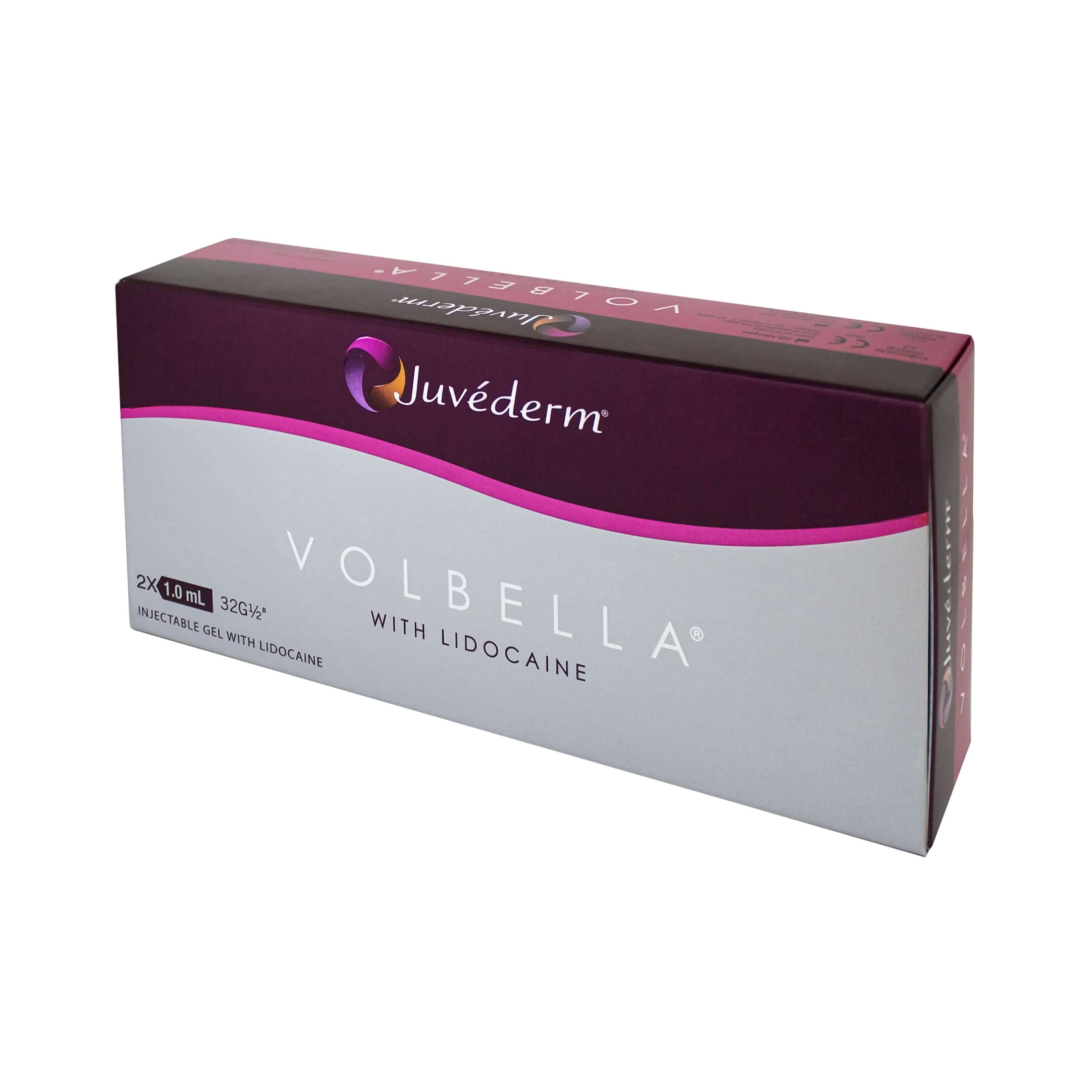 Juvéderm Volbella Lidocaine 2 x 1 ml packaging with product details and branding.