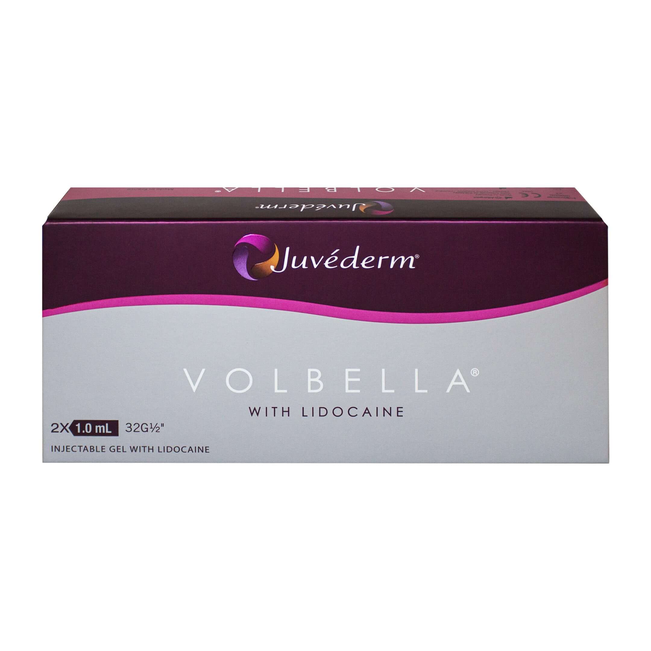 Juvéderm Volbella Lidocaine 2 x 1 ml packaging for natural lip enhancement with hyaluronic acid.