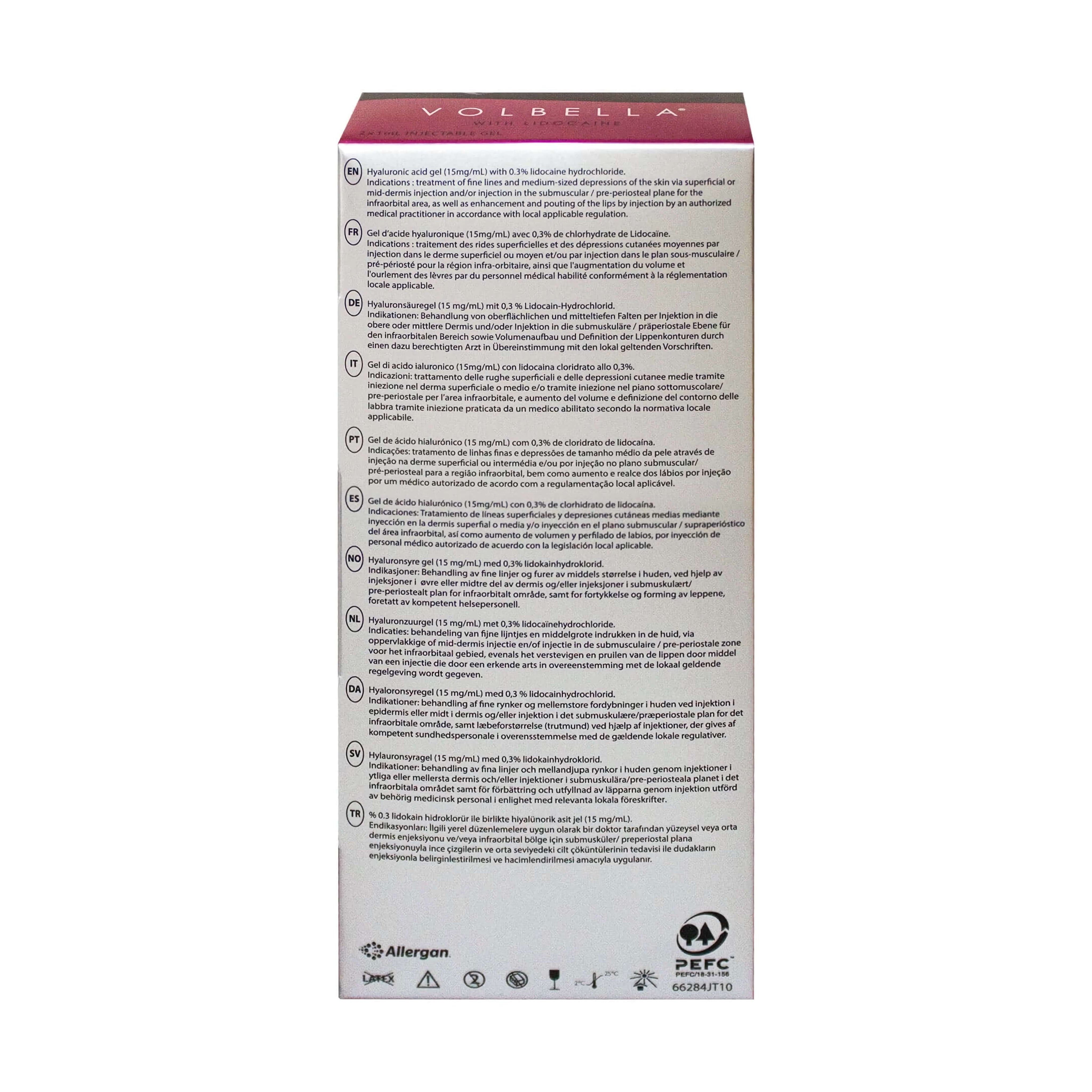 Juvéderm Volbella Lidocaine 2 x 1 ml product packaging details and instructions.