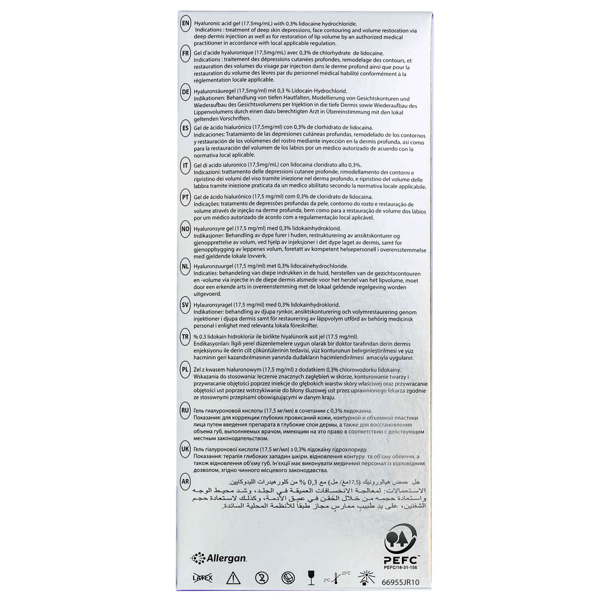 Juvéderm Volift 2 x 1 ml – Rückseite der Verpackung mit Produktspezifikationen und Verwendungshinweisen.