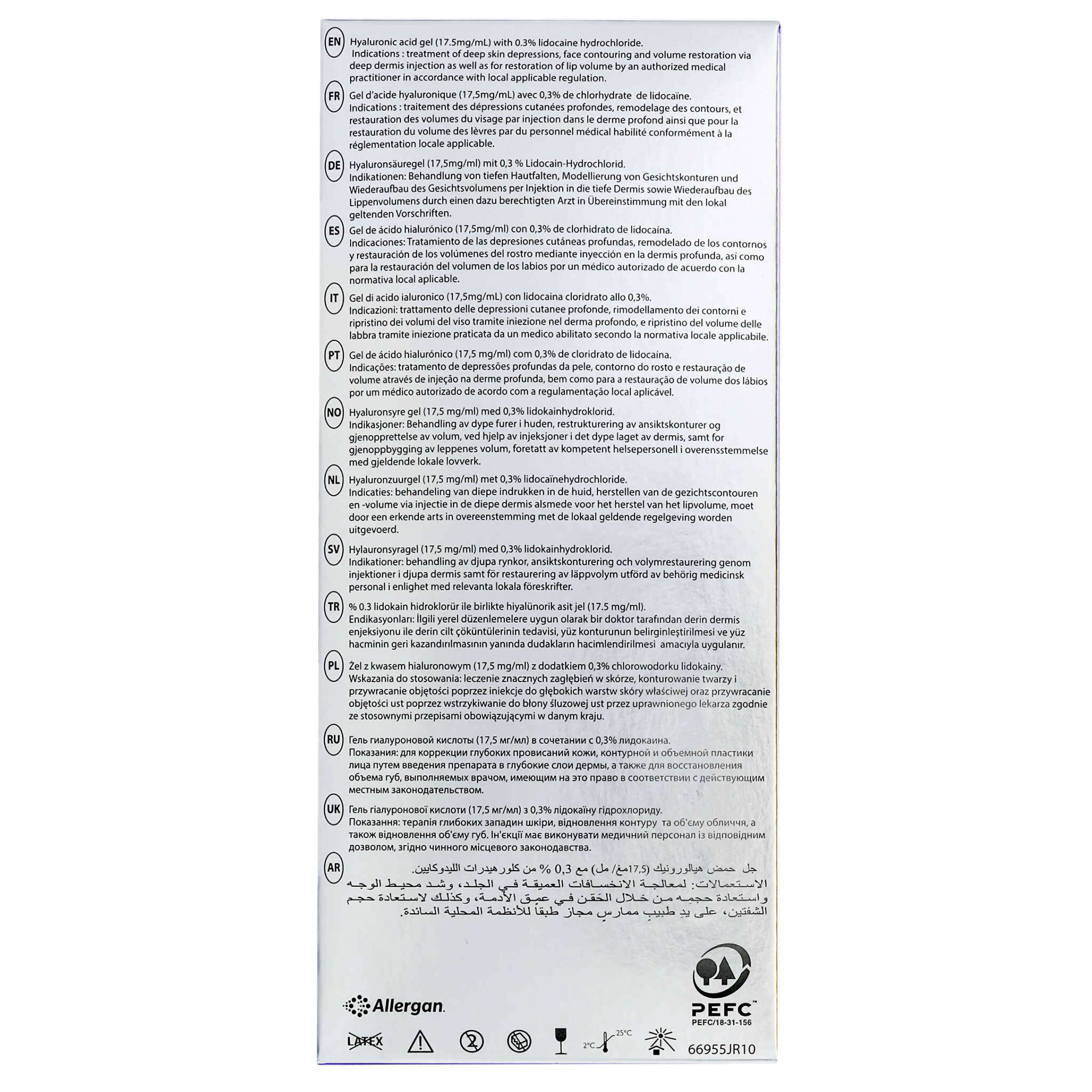 Juvéderm Volift 2 x 1 ml – Rückseite der Verpackung mit Produktspezifikationen und Verwendungshinweisen.