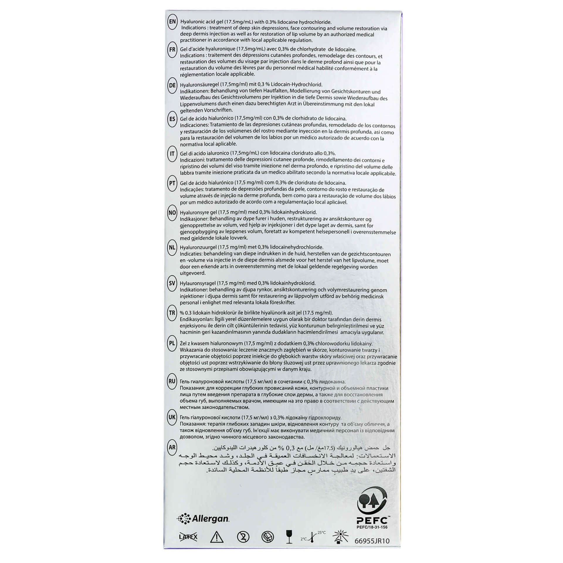 Juvéderm Volift 2 x 1 ml - Produktbeschreibung mit Inhaltsstoffen und Anwendungshinweisen auf der Verpackung.