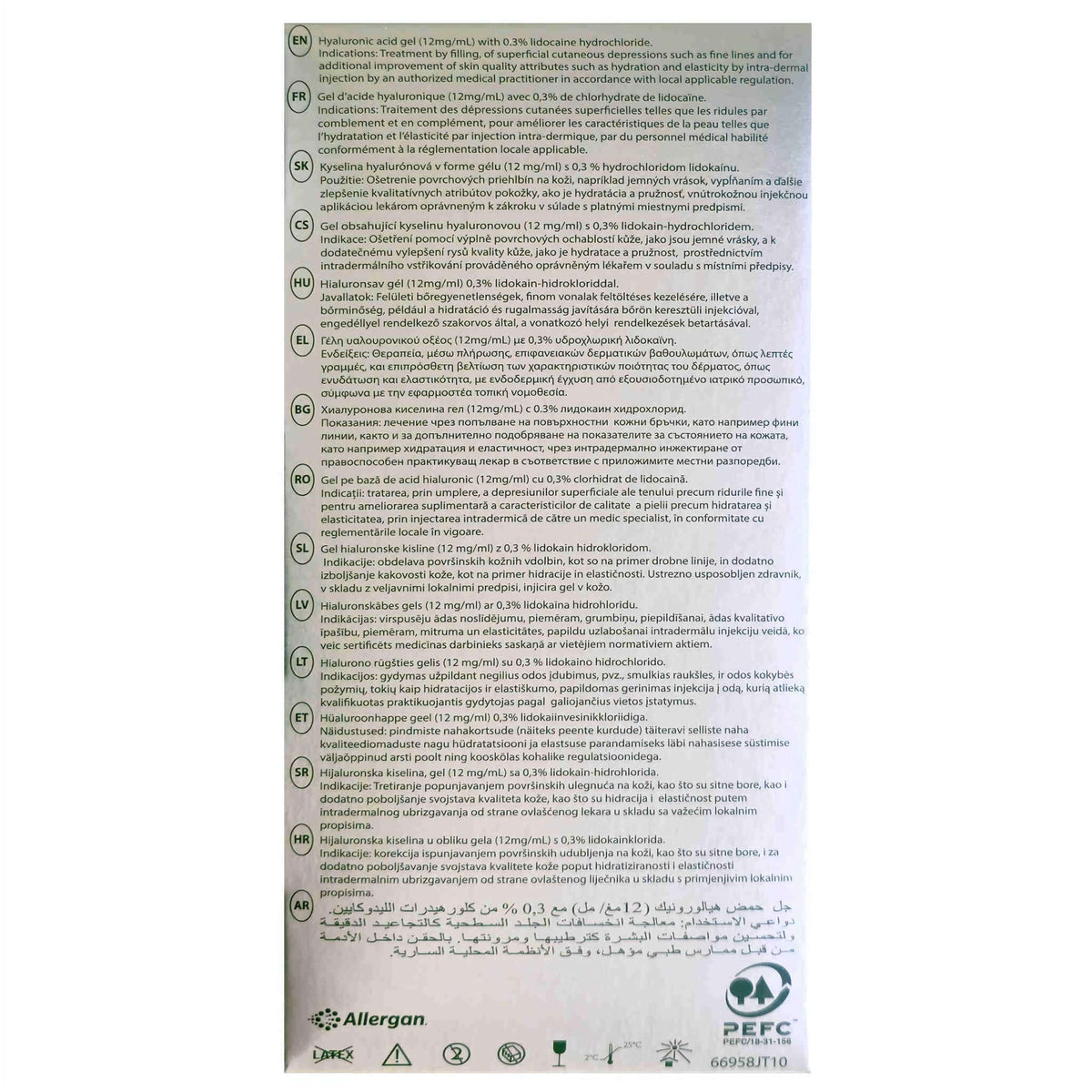 Juvéderm Volite 2 x 1 ml product information and ingredient details on packaging by Allergan.