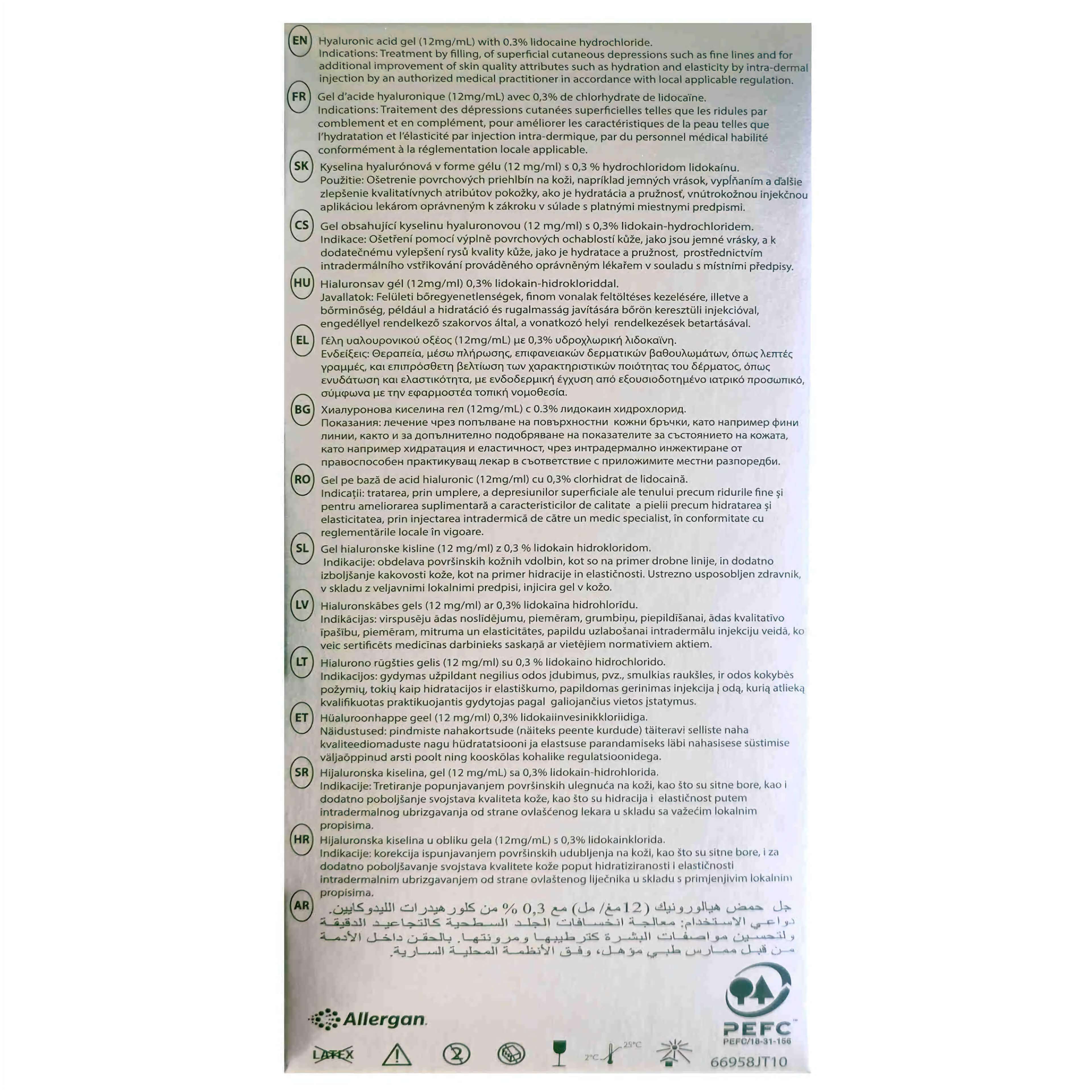 Juvéderm Volite 2 x 1 ml product information and ingredient details on packaging by Allergan.