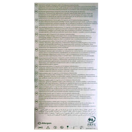 Juvéderm Volite 2 x 1 ml product information and ingredient details on packaging by Allergan.