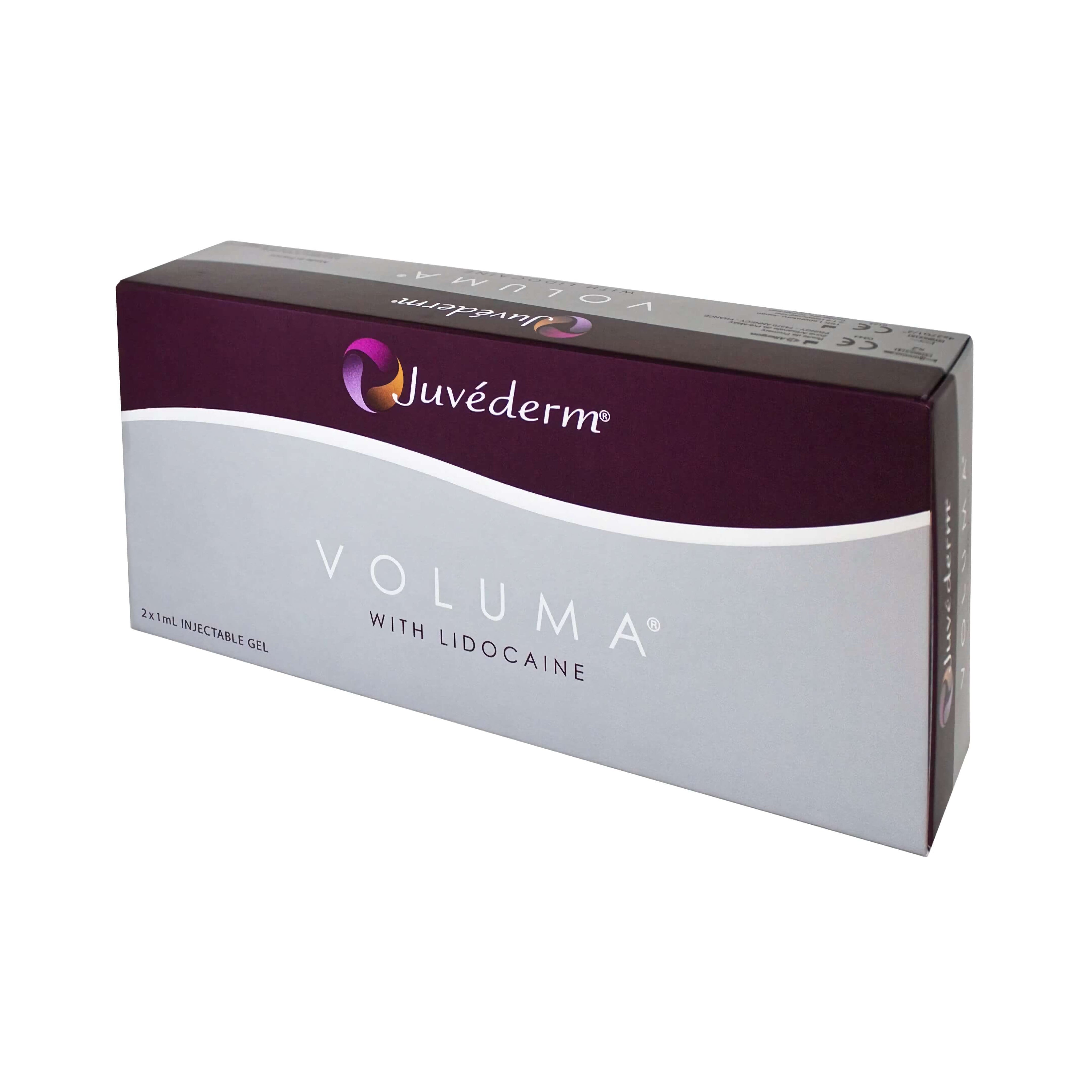 Juvéderm Voluma 2 x 1 ml packaging showing premium dermal filler for cheek and volume enhancement.