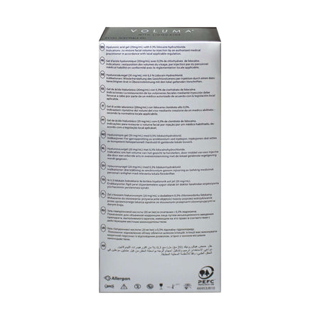 Juvéderm Voluma 2 x 1 ml Produktbeschreibung auf der Verpackung mit Anwendungshinweisen und Inhaltsstoffen.