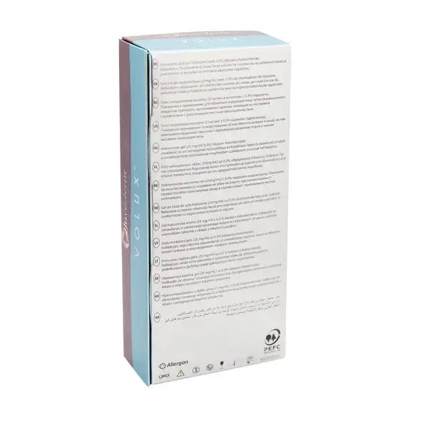 Juvéderm Volux 2 x 1 ml Produktverpackung mit Anwendungshinweisen und Inhaltsstoffen.