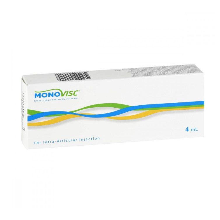 Monovisc 4 ml - Fertigspritze Verpackung für intra-artikuläre Injektionen zur Unterstützung der Gelenkfunktion.