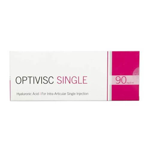 Optivisc Single (1 x 3 ml) packaging, containing 90 mg Hyaluronic Acid for knee joint support.