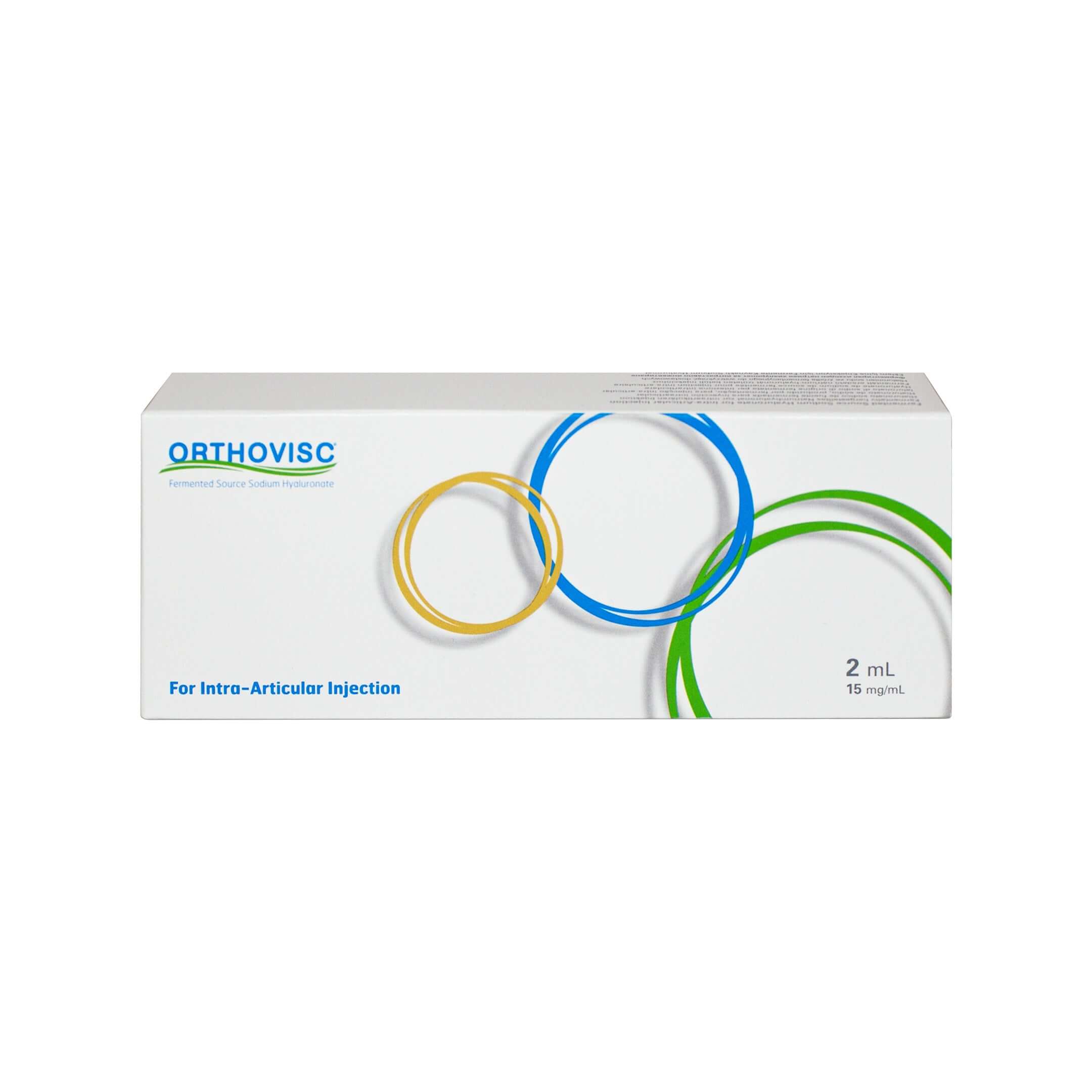 Orthovisc 30 mg 2 ml packaging for intra-articular injection with colorful rings.