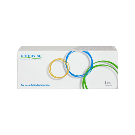 Orthovisc 30 mg 2 ml packaging for intra-articular injection with colorful rings.