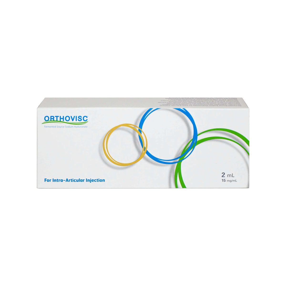 Orthovisc 30 mg 2 ml packaging for intra-articular injection with colorful circles design.