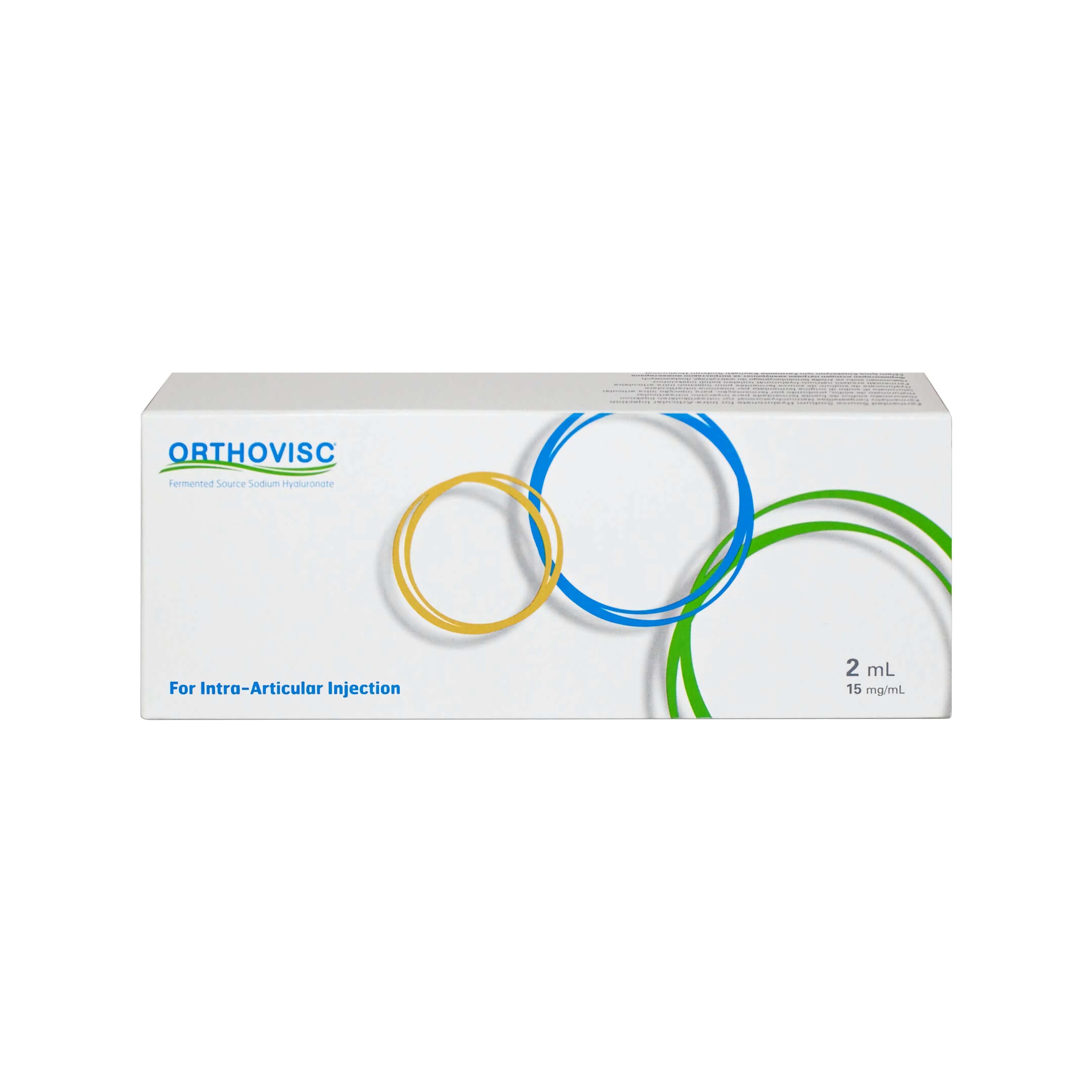 Orthovisc 30 mg 2 ml packaging for intra-articular injection with colorful circles design.