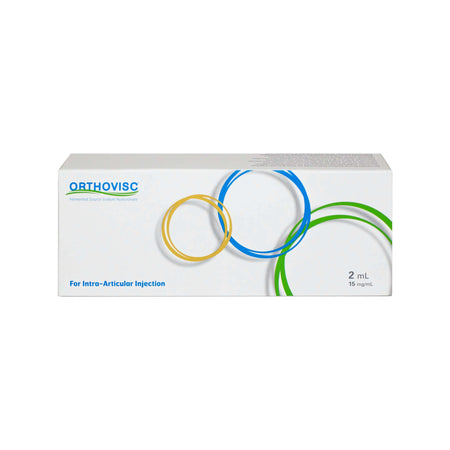Orthovisc 30 mg 2 ml packaging for intra-articular injection with colorful circles design.