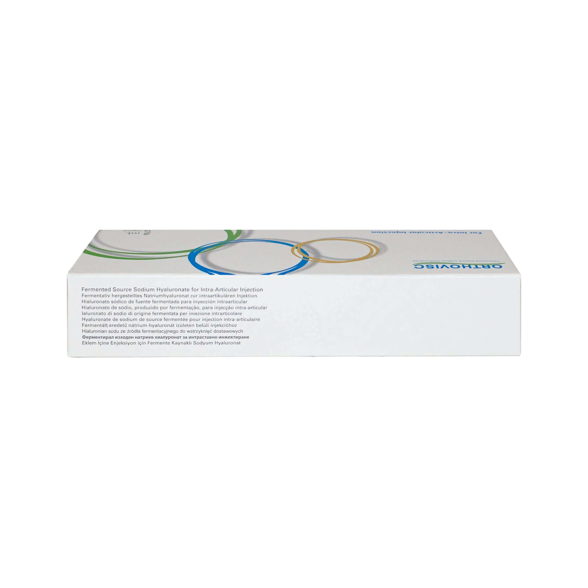 Orthovisc 30 mg 2 ml packaging for sterile injection solution with details on hyaluronic acid and manufacturer.
