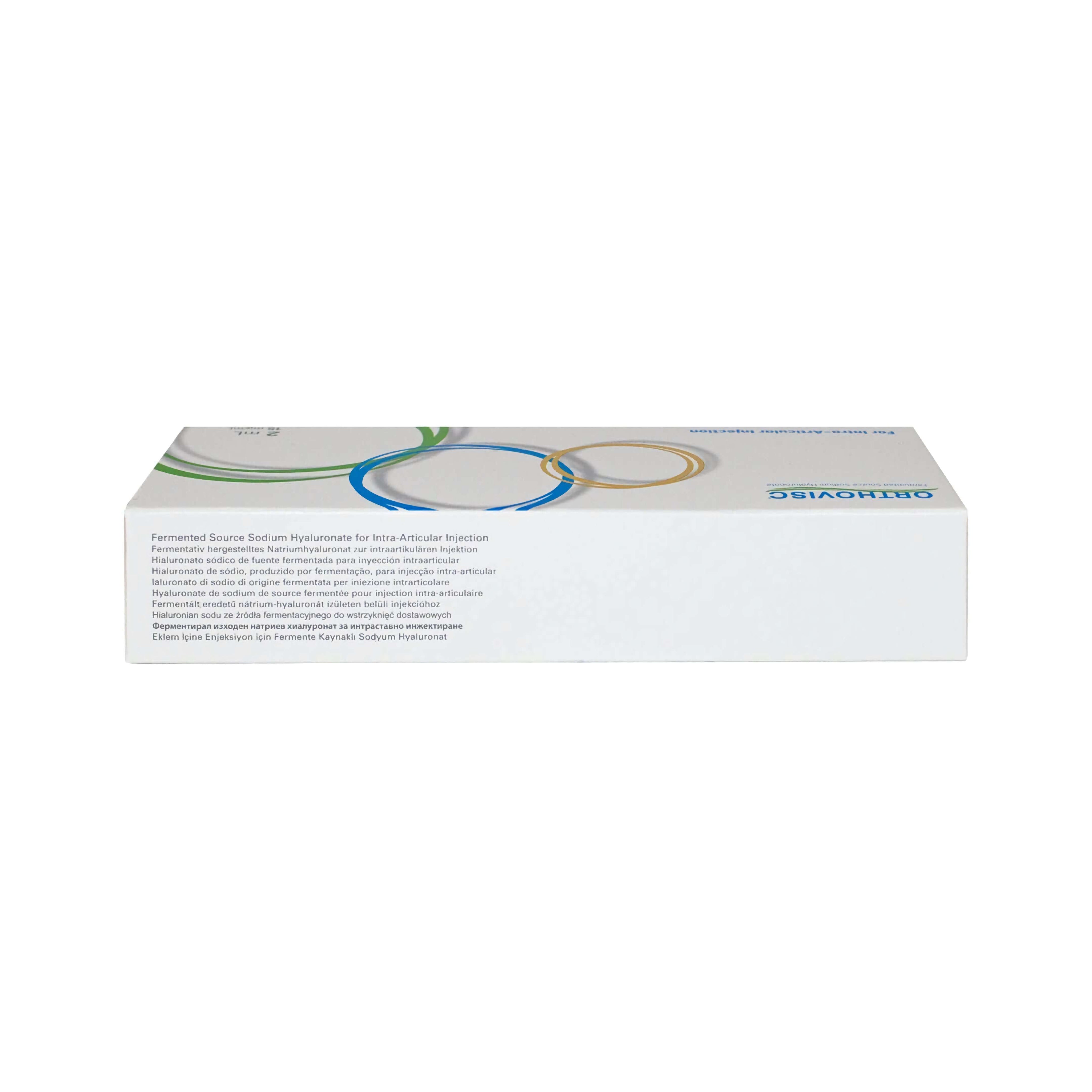 Orthovisc 30 mg 2 ml packaging for sterile injection solution with details on hyaluronic acid and manufacturer.