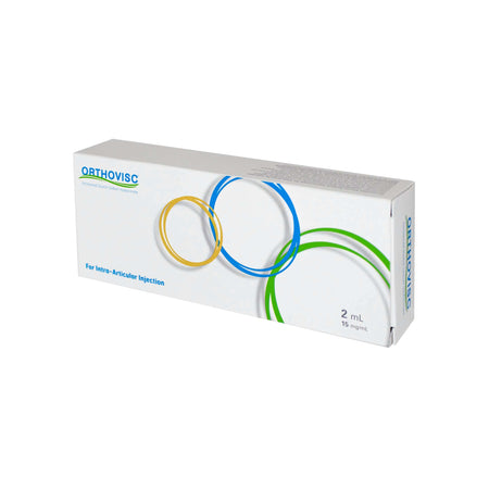 Orthovisc 30 mg 2 ml packaging for intra-articular injection, showing syringe graphics and product details.