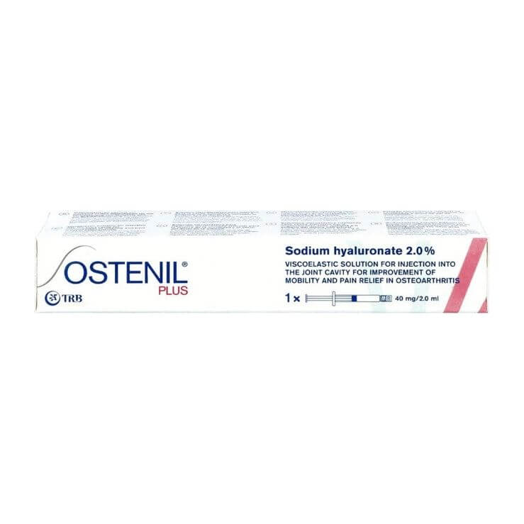 Ostenil Plus 40 mg 2 ml box displaying sodium hyaluronate for joint pain relief by TRB Chemedica.