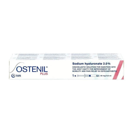 Ostenil Plus 40 mg 2 ml box displaying sodium hyaluronate for joint pain relief by TRB Chemedica.