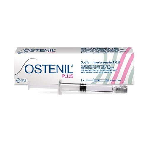 Ostenil Plus 40 mg 2 ml package and syringe for joint pain relief and mobility improvement.